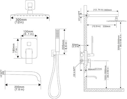 Brushed Nickel Rain Shower System Tub Shower Faucet Set 12 Inch Square Rainfall Shower Head with Handheld Sprayer and Tub Spout Rough-in Valve Shower Mixer Combo Kit