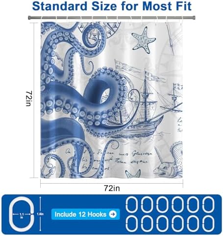 Ocean Theme Nautical Shower Curtain Set with 12 Hooks, Waterproof Bathroom Shower Curtain with Weighted Hem, Machine Washable Navy Blue Octopus Fabric Shower Curtains for Bathroom, 72"W x 72"L