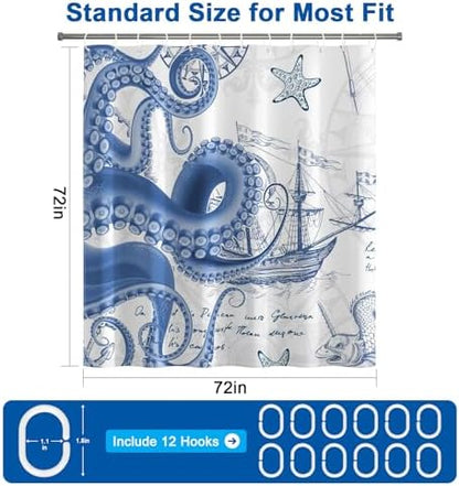 Ocean Theme Nautical Shower Curtain Set with 12 Hooks, Waterproof Bathroom Shower Curtain with Weighted Hem, Machine Washable Navy Blue Octopus Fabric Shower Curtains for Bathroom, 72"W x 72"L