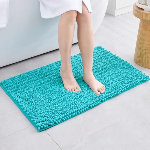 Disolla Small Bath Mat 17x24 Inch - Chenille Teal Bathroom Rug, Extra Soft Absorbent Plush Shaggy Bathmat, Non-Slip Machine Washable Floor Mat for Shower, Tub and Sink