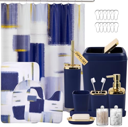 XLHOMO Bathroom Set - Navy Blue and Gold Bathroom Accessories Set, Bathroom Sets with Shower Curtain and Rugs, Blue Shower Curtain Set with Bathroom Trash Can, Soap Dispenser,Soap Dish for Home Decor