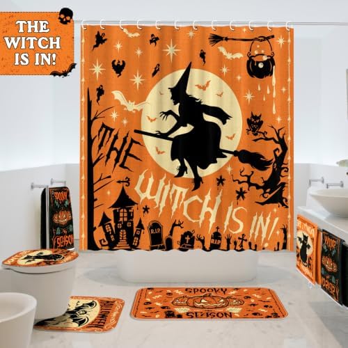 FuWeave 8 Pcs Christmas Shower Curtain Set Xmas Santa Bathroom Decoration Christmas Tree Hand Towels Snowman Toilet Lid Cover Bathroom Rugs Xmas Shower Curtain with Hooks(Witch)