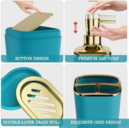 XLHOMO Bathroom Accessories Set - 25PC Bathroom Set with Shower Curtain and Rugs, Teal Blue Bathroom Set, Bathroom Accessory Set with Press-on Lid Trash Can, Soap Dispenser and Qtip Holders