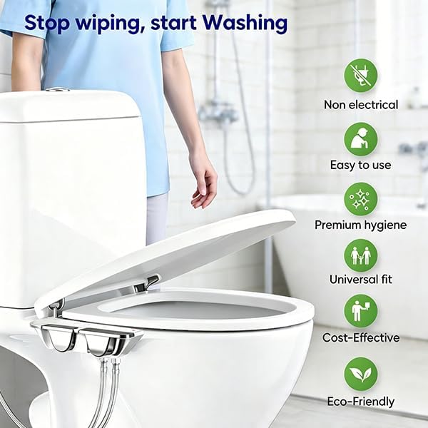 Ultra-Thin Warm Water Bidet - Hot & Cold Bidet for Toilet Seat | 0.2" Slim Non-Electric Bidet | Adjust Temp & Water Pressure | Female & Rear Care | Self-Cleaning Retractable Nozzles