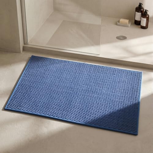 Triohero Bathroom Rugs Non Slip Washable, Super Absorbent Thin Bath Mat Quick Dry Low Pile Bathroom Rug, Denim Blue 24"x36"