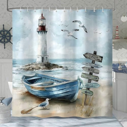 Nautical Coastal Shower Curtain, Ocean Beach Lighthouse Shower Curtain, Blue Teal Seasides Sailboat Bathroom Accessories Fabric Waterproof with Hooks, 72X72in