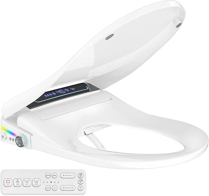 Bidet Toilet Seat Elongated, Smart Heated Bidet Toilet Seats with AUTO - Water & Dryer Slow Close Lid, Nozzle for 4 Cleaning Modes, Remote Control - Adjustable Water Pressure & Temp, LED Lighting