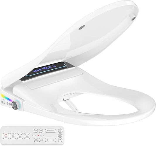 Bidet Toilet Seat Elongated, Smart Heated Bidet Toilet Seats with AUTO - Water & Dryer Slow Close Lid, Nozzle for 4 Cleaning Modes, Remote Control - Adjustable Water Pressure & Temp, LED Lighting