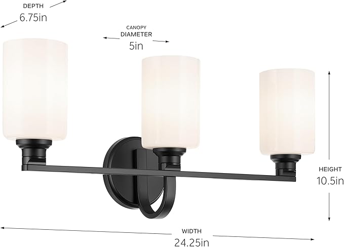 Kichler Gioe 24.25" 3-Light Vanity Light with Opal Glass in Black, Damp Rated, for Bathroom, Powder Room, Over a Mirror, (24.25" W x 10.5" H), 55226BK