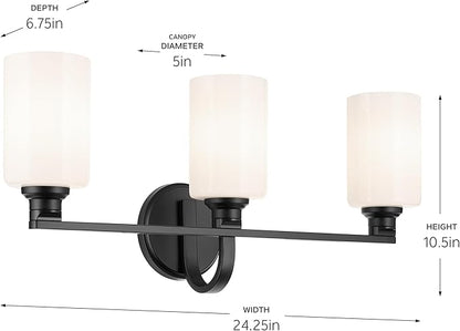 Kichler Gioe 24.25" 3-Light Vanity Light with Opal Glass in Black, Damp Rated, for Bathroom, Powder Room, Over a Mirror, (24.25" W x 10.5" H), 55226BK