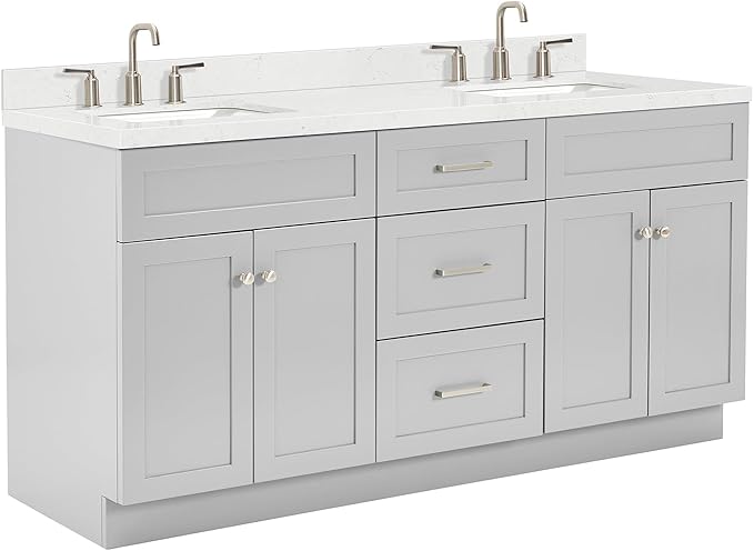 ARIEL Hamlet 72-inch Bathroom Vanity with Sink,Solid Wood, 1.5-inch Carrara White Quartz Countertop & Backsplash, Double Rectangular Porcelain Sink, 4 Soft Closing Doors, 3 Dovetail Drawers, Grey