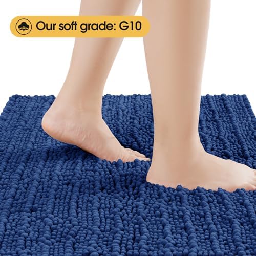 ACCUMTEK Upgrade Luxury Denim Blue Bathroom Rug Mat 32"x20", Ultra Soft Thick Absorbent Bath Mats, Non Slip Chenille Toilet Mat for Bathroom, Bedroom, Kitchen, Shower, Tub