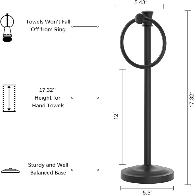 Hoimpro Hand Towel Holder Free Standing Towel Bar Matte Black | Hanging Floor Hand Towel Rack Ring, for Bathroom Kitchen Vanity Countertops, Hardware Accessories SUS 304 Heavy-Duty Base