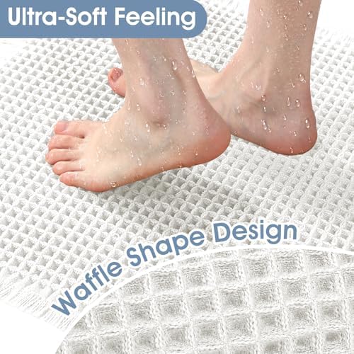 ACCUMTEK Upgraded Waffle Bath Mat, 32"x20" White, Super Absorbent Non-Slip Quick Dry Bathroom Rugs with Tassels, Machine Washable Ultra Soft Boho Bath Rugs for Floor, Toilet Mats Boho Farmhouse Decor