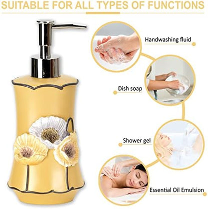 Zahari Home 4pc Poppy Fields Yellow Bathroom Accessories Set Hand Soap Dispenser, Tumbler, Tooth Brush Holder and Soap Dish Modern Contemporary Decor Complete Bathroom Sets with Shower Curtains