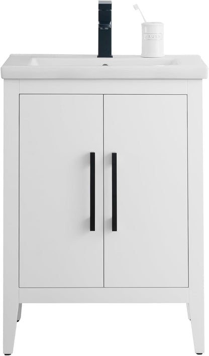 HomeBeyond 24 Inch Bathroom Vanity with Sink & Ceramic Top, Single Vanity Cabinet with Basin, Soft-Closing Doors & Matte Black Hardware, White