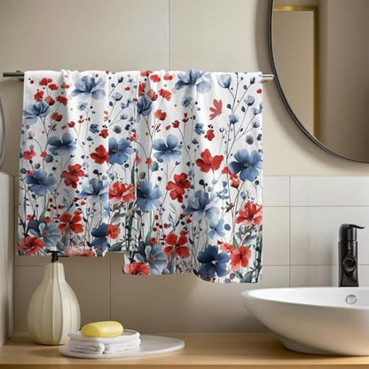 4th of July Hand Towel Set of 2, 14x28 Inch Patriotic Red Blue Floral Leaves Absorbent Soft Dish Cloth Towels for Kitchen Bathroom Home Memorial Day Independence Day Decor