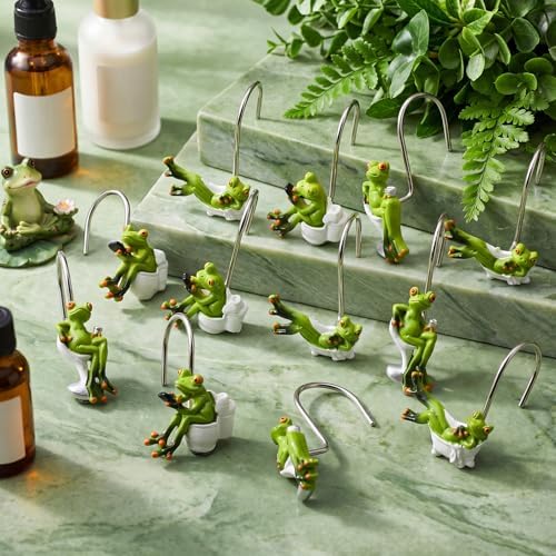 Roowest 12 Pcs Frog Shower Curtain Rings, Green Cute Stainless Steel