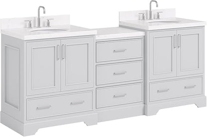ARIEL Stafford 84-inch Bathroom Vanity with Sink,Solid Wood, 1.5in Carrara White Quartz Countertop & Backsplash, Double Oval Porcelain Sink, 4 Soft Closing Doors, 5 Dovetail Drawers, Grey