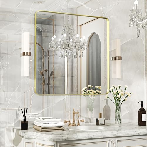 Gold Bathroom Mirror 32x32 Inch, Wall Mounted Vanity Mirror with Metal Frame, Tempered Glass, Large Modern Farmhouse Wall Mirror for Bathroom, Horizontal or Vertical Hanging