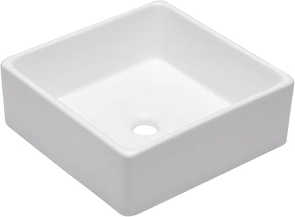 Logmey 15 Inch Bathroom Vessel Sink 15x15 Square Small White Vessel Sink for Bathroom Sink Above Counter Porcelain Ceramic Vanity Art Countertop Sink
