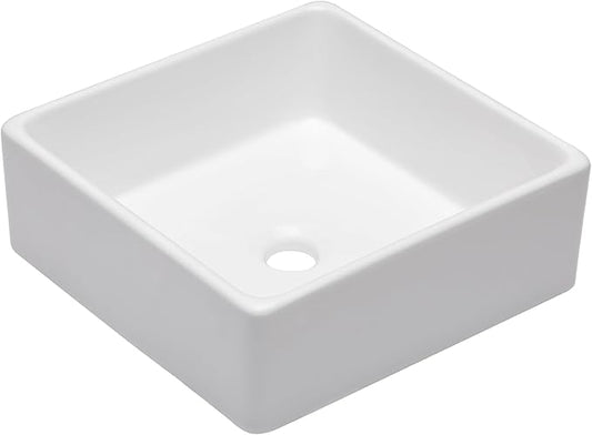 Logmey 15 Inch Bathroom Vessel Sink 15x15 Square Small White Vessel Sink for Bathroom Sink Above Counter Porcelain Ceramic Vanity Art Countertop Sink