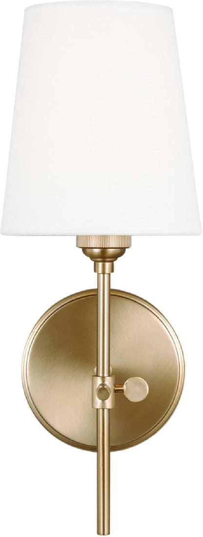 Generation Lighting Baker 1-Light Hardwired Wall Sconce in Satin Brass | Damp-Rated Wall Sconce, Bathroom Vanity Light, or Bathroom Fixture with White Linen Shade for Powder Room or Covered Patio