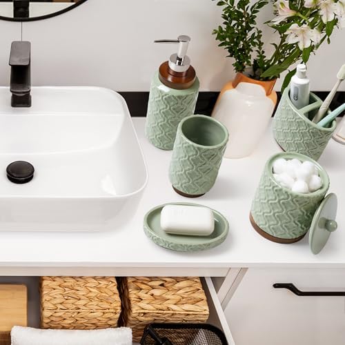 RQYIXI Ceramic Bathroom Accessories Set,Sage Green,5 Piece,Embossed Design