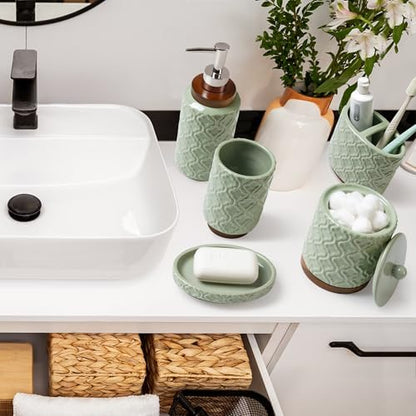 RQYIXI Ceramic Bathroom Accessories Set,Sage Green,5 Piece,Embossed Design