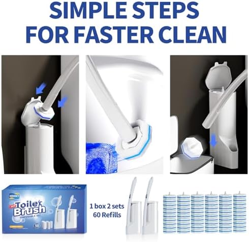 Hohoky Disposable Toilet Brush Cleaning System, Two Sets of Wands and 60p Refills Pads Replacement Heads, Wall Mounted Toliet Stick Starter Kit Bathroom Maintenance, Toilet Bowl Cleaner Holder