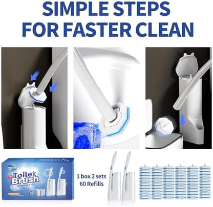 Hohoky Disposable Toilet Brush Cleaning System, Two Sets of Wands and 60p Refills Pads Replacement Heads, Wall Mounted Toliet Stick Starter Kit Bathroom Maintenance, Toilet Bowl Cleaner Holder