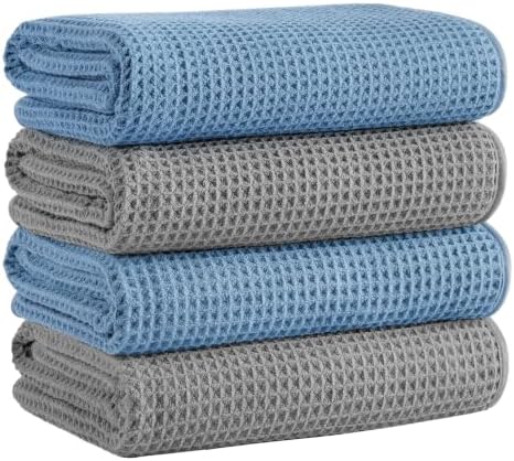 Microfiber Waffle Bath Towels, 4 Pieces, Soft, Absorbent, Fast Drying, Lint Free 430 GSM (27''x55''/68.58 cm x139.7 cm) (Gray+Blue)