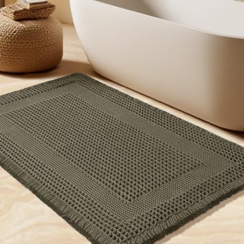 Upgrade Waffle Bath Mat, Greyish Green 32"x20", Boho Bathroom Rugs Absorbent Non Slip, Ultra Soft Bathroom Mat, Machine Washable Knit Bath Rugs with Tassels for Bathroom, Bedroom, Kitchen, Shower