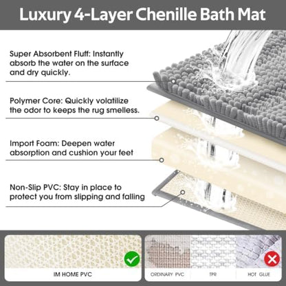 Striped Light Grey Bathroom Rug Mat Set 2 piece 24"x17"+48"x20" Ultra Soft, Non Slip Chenille Bath Rugs, Absorbent Plush Shaggy Bath Mats for Bathroom, Bedroom, Kitchen, Shower, Tub,Light Gray