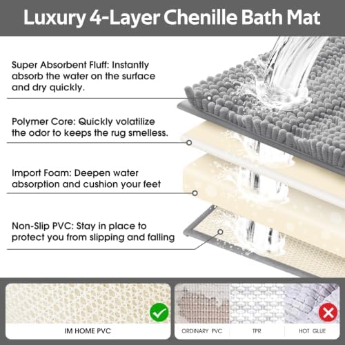 Striped Light Grey Bathroom Rug Mat Set 2 piece 32"x20"+60"x20" Ultra Soft, Non Slip Chenille Bath Rugs, Absorbent Plush Shaggy Bath Mats for Bathroom, Bedroom, Kitchen, Shower, Tub,Light Gray