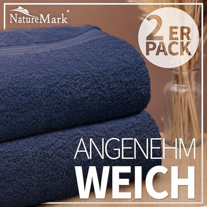 Pack of 2 Bath Towels - 100% Cotton, 500 g/m² - Soft, Absorbent & Durable - for Home, Sauna & Travel - 27 x 54 in (Navy Blue)