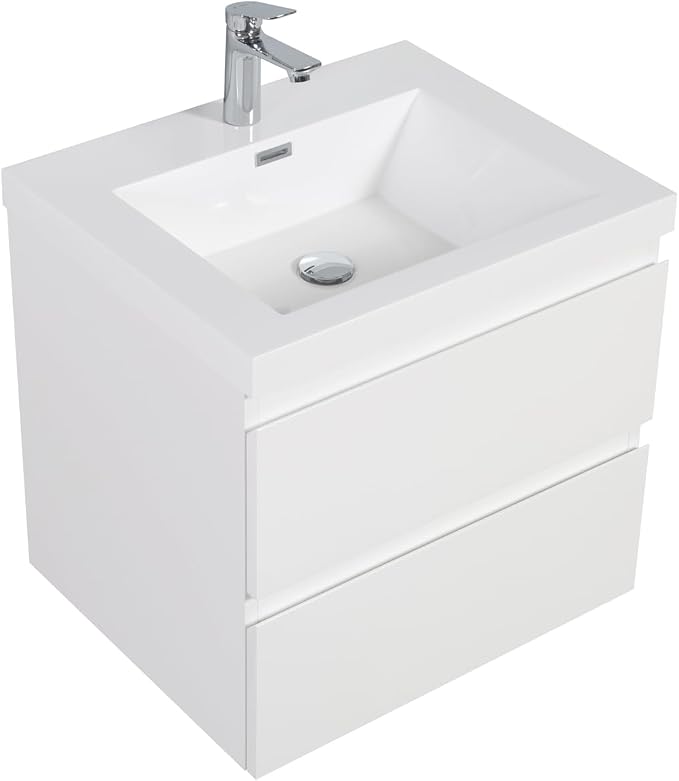 24 Inch Floating Bathroom Vanity with Sink, Large Storage Wall Mounted Floating Vanity with Soft Close Drawers, One-Piece Basin Bathroom Sink Cabinet (Glossy White, 24 Inch)