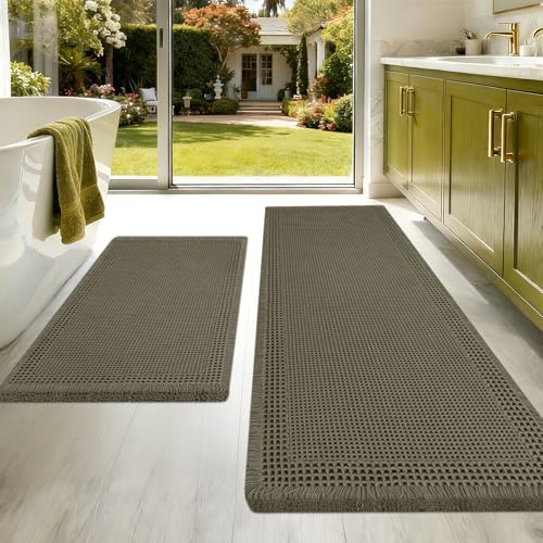 Upgraded Waffle Bath Mat Set 2 Piece Greyish Green-Bordered, Super Absorbent Non-Slip Quick Dry Bathroom Rugs with Tassels, Machine Washable Ultra Soft Boho Bath Rugs, Toilet Mats Boho Farmhouse Decor