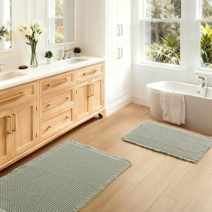 JIUZHEN Set of 2 Waffle Bath Mats Boho Bath Rugs 16x24&24x36, Sage Green
