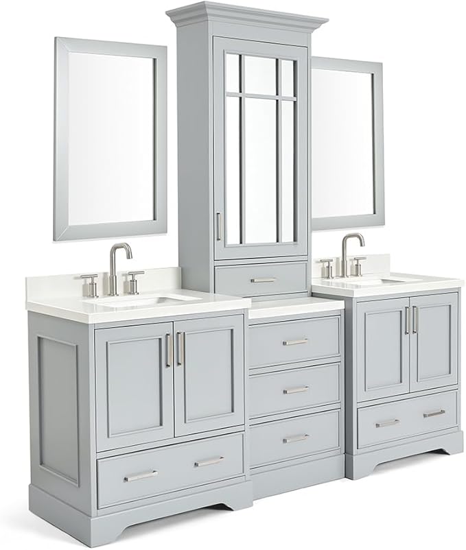 ARIEL Stafford 84-inch Bathroom Vanity with Sink,Solid Wood, 1.5-inch Pure White Quartz Countertop & Backsplash, Double Rectangular Porcelain Sink, 5 Soft Closing Doors, 6 Dovetail Drawers, Grey