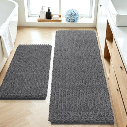 ACCUMTEK Upgrade Luxury 2 Piece Dark Gray Toilet Bathroom Rug Mat 48"x20"+24"x17", Ultra Soft Thick Absorbent Bath Mats, Non Slip Chenille Toilet Mat for Bathroom, Bedroom, Kitchen, Shower, Tub