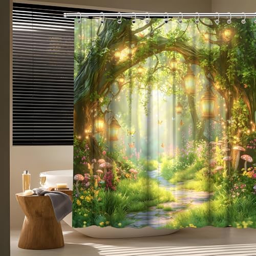 Fantasy Forest Path Shower Curtain Fairy Magical Enchanted Misty Jungle Mushroom Floral Tree Butterfly Lantern Spring Wonderland Bath Curtain Fabric Bathroom Accessories Decor with Hooks 70W x80L
