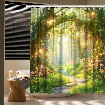 Fantasy Forest Path Shower Curtain Fairy Magical Enchanted Misty Jungle Mushroom Floral Tree Butterfly Lantern Spring Wonderland Bath Curtain Fabric Bathroom Accessories Decor with Hooks 80W x70L