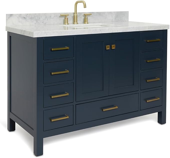 ARIEL Cambridge 48-inch Bathroom Vanity with Sink,Solid Wood, 1.5-inch Italian Carrara Marble Countertop, Single Rectangular Porcelain Sink, 2 Soft Closing Doors, 9 Dovetail Drawers, Midnight Blue