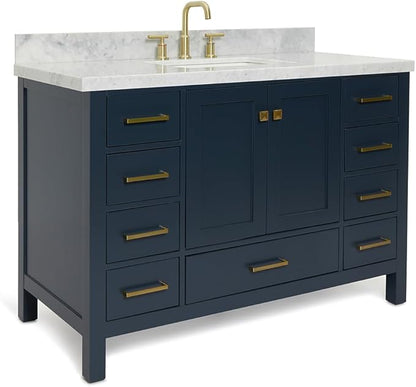 ARIEL Cambridge 48-inch Bathroom Vanity with Sink,Solid Wood, 1.5-inch Italian Carrara Marble Countertop, Single Rectangular Porcelain Sink, 2 Soft Closing Doors, 9 Dovetail Drawers, Midnight Blue