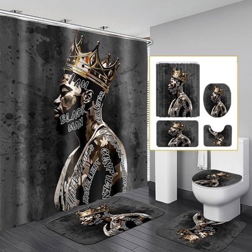 African American Shower Curtain Sets for Bathroom, Black Praying King Bathroom Sets with Waterproof Shower Curtain and Non-Slip Rugs Toilet Lid Cover Bath Mat, Cool Unique Man Bathroom Decor Sets