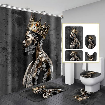African American Shower Curtain Sets for Bathroom, Black Praying King Bathroom Sets with Waterproof Shower Curtain and Non-Slip Rugs Toilet Lid Cover Bath Mat, Cool Unique Man Bathroom Decor Sets