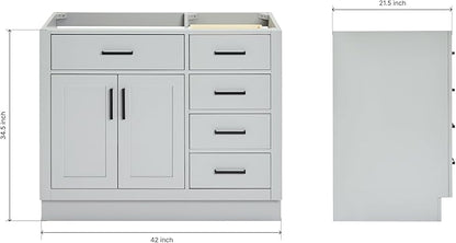 ARIEL Hepburn 42-inch Bathroom Vanity Base Cabinet,Solid Wood, 2 Soft Closing Doors, 5 Dovetail Drawers, Grey