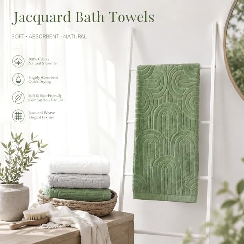 Tiamon 3 Pcs Bathroom Towel Decorative Set 100% Cotton Fluffy Bath Hand Towels for Guest Gifts Farmhouse Kitchen Hand Towels Home(White, Light Green, Dark Green,30 x 13 Inch,Arched Stripe)