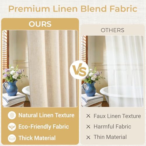 WONICY Linen Texture No Hook Shower Curtain with Liner, Flax Beige, 71x74
